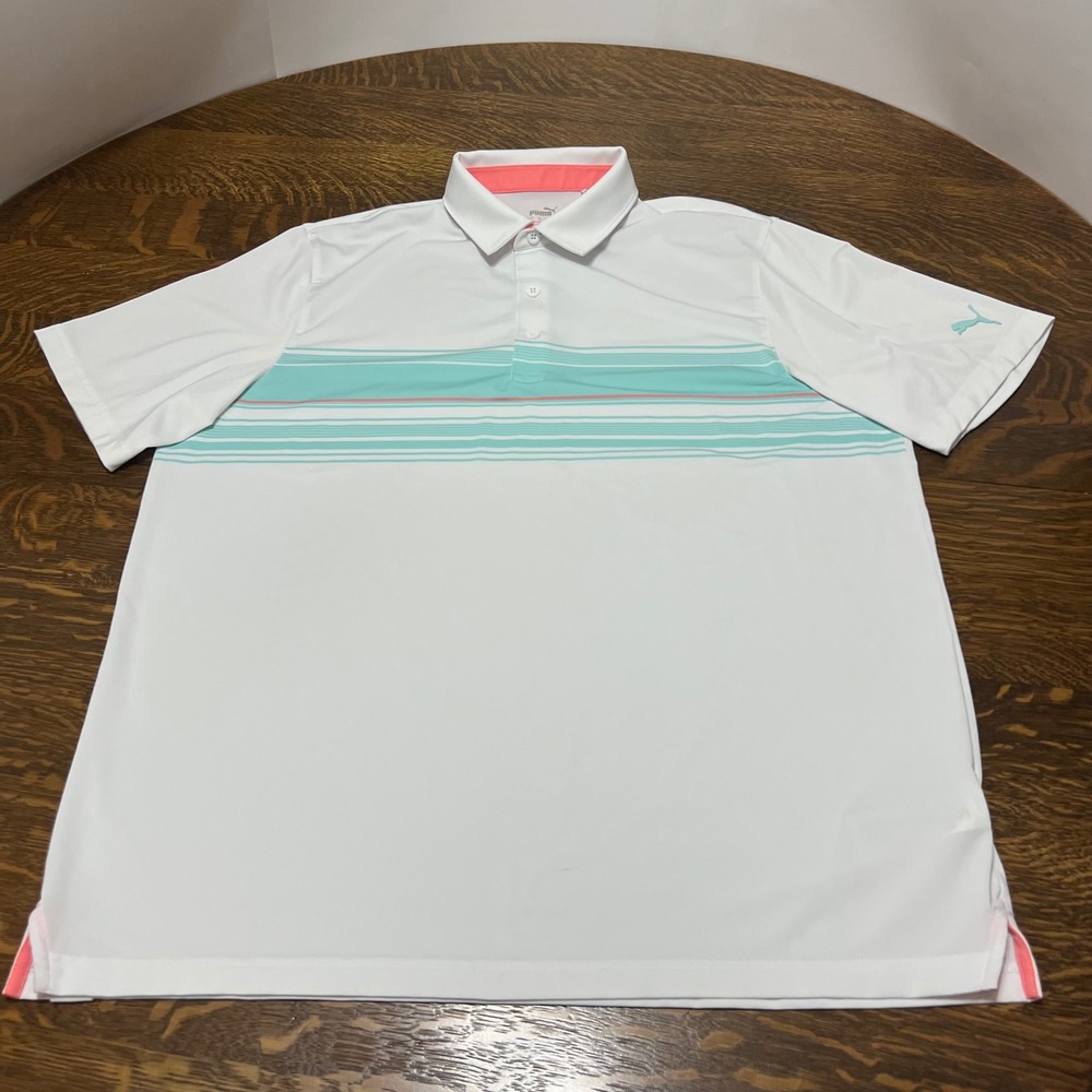Puma Golf Polo Shirt Mens XL White Teal Coral Striped Short Sleeve Logo
